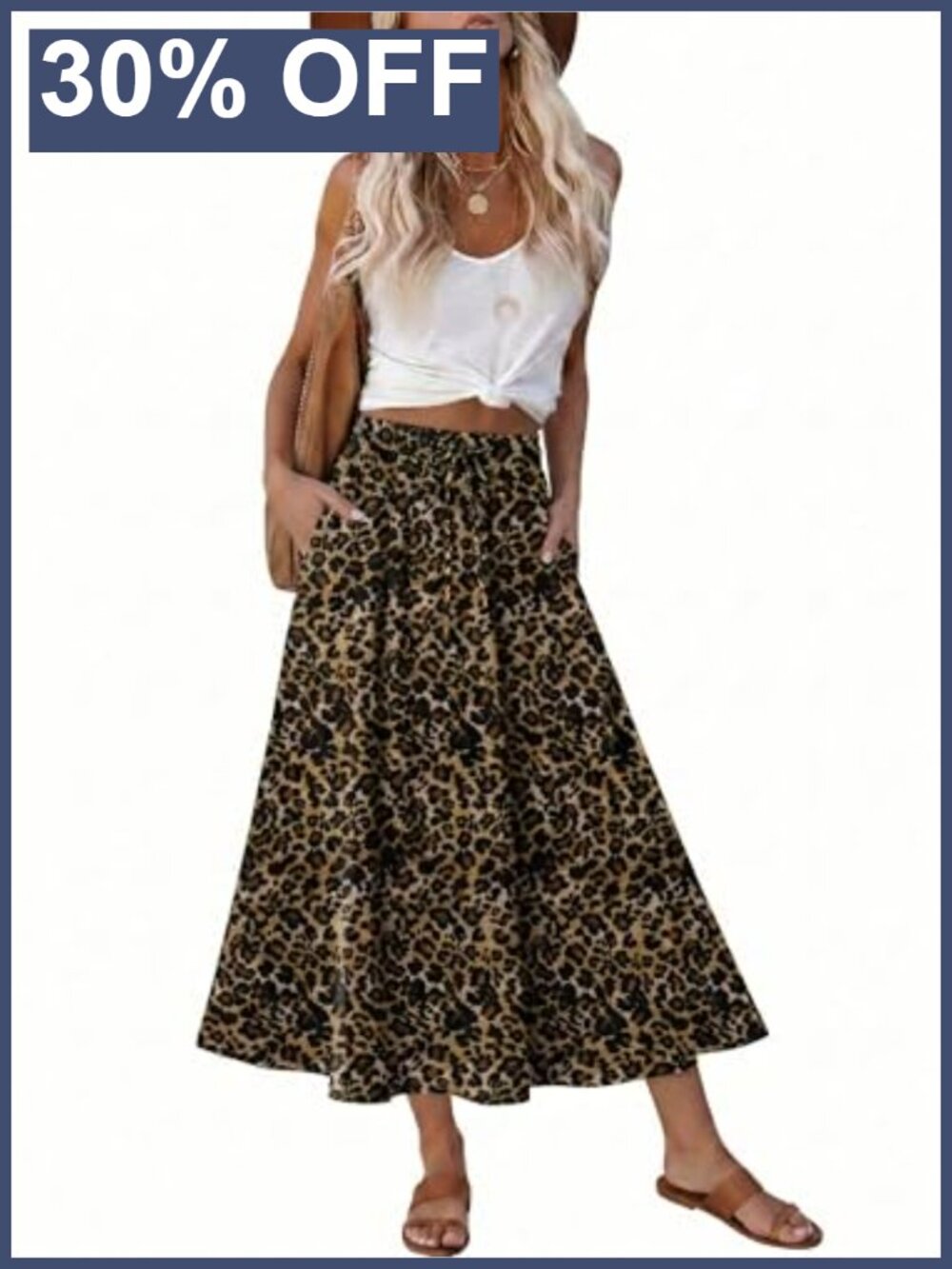 Women's Print Midi Skirt Elastic High Waist A-Line Flared Swing Skirt
